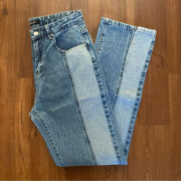 Nasty Gal Jeans Split Hem Color Block Blue Size 6 Flirty Feminine - Picture 3 of 13